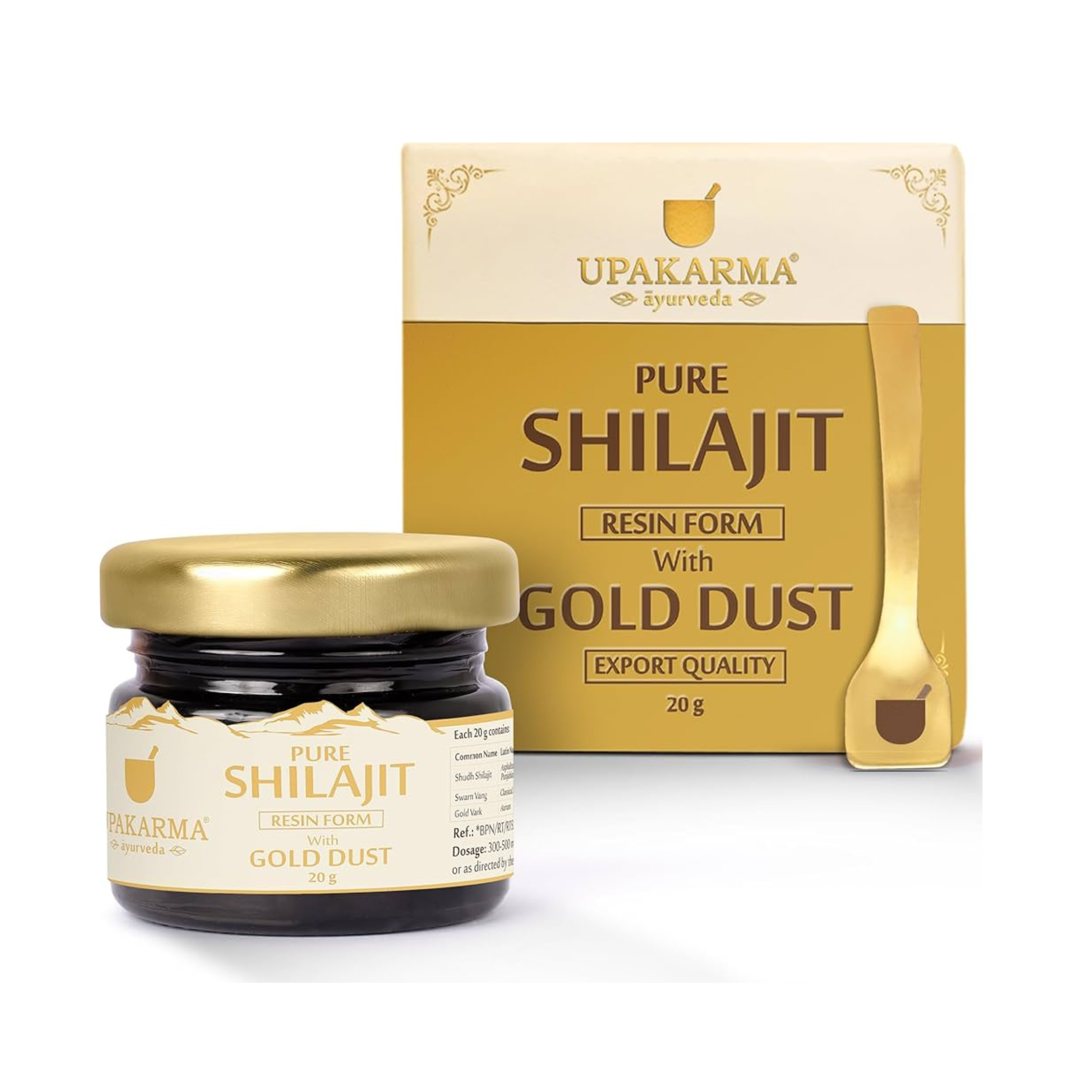 UPAKARMA Premium Shilajit Gold Resin is a unique blend of pure Himalayan Shilajit enriched with authentic gold dust, crafted to elevate your overall vitality, wellness, and sexual health